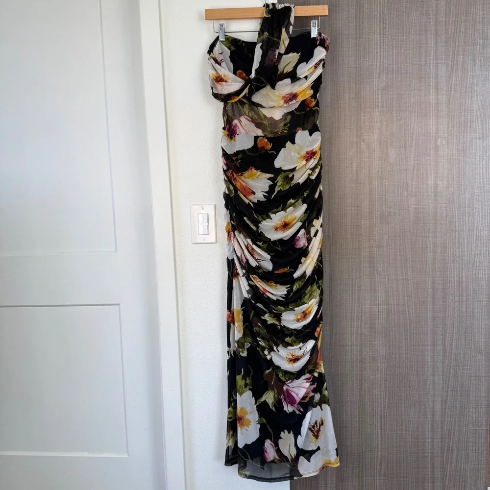 Abercrombie & Fitch Black Floral Mesh Off One Shoulder Ruched Maxi Dress Medium